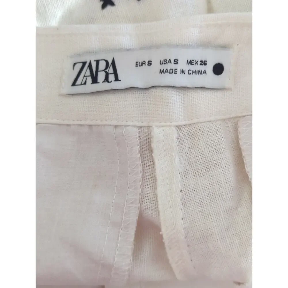 Zara White‎ & Green Geometric Embroidered Linen Pants Small Coastal Bohemian